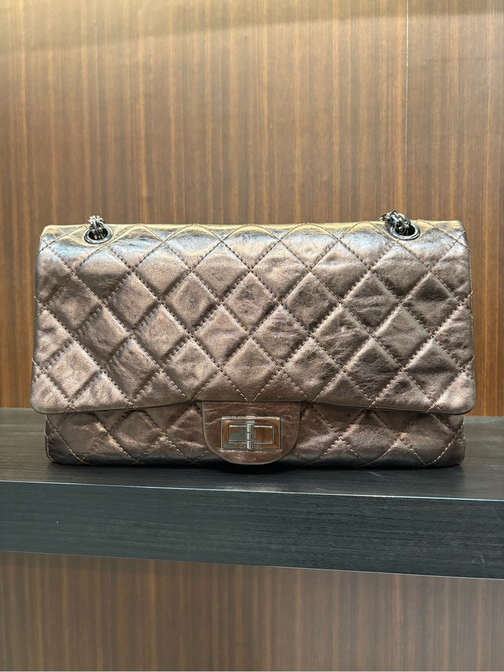 Authentic Chanel Reissue 2.55 Jumbo Metallic Bronze Flap Handbag